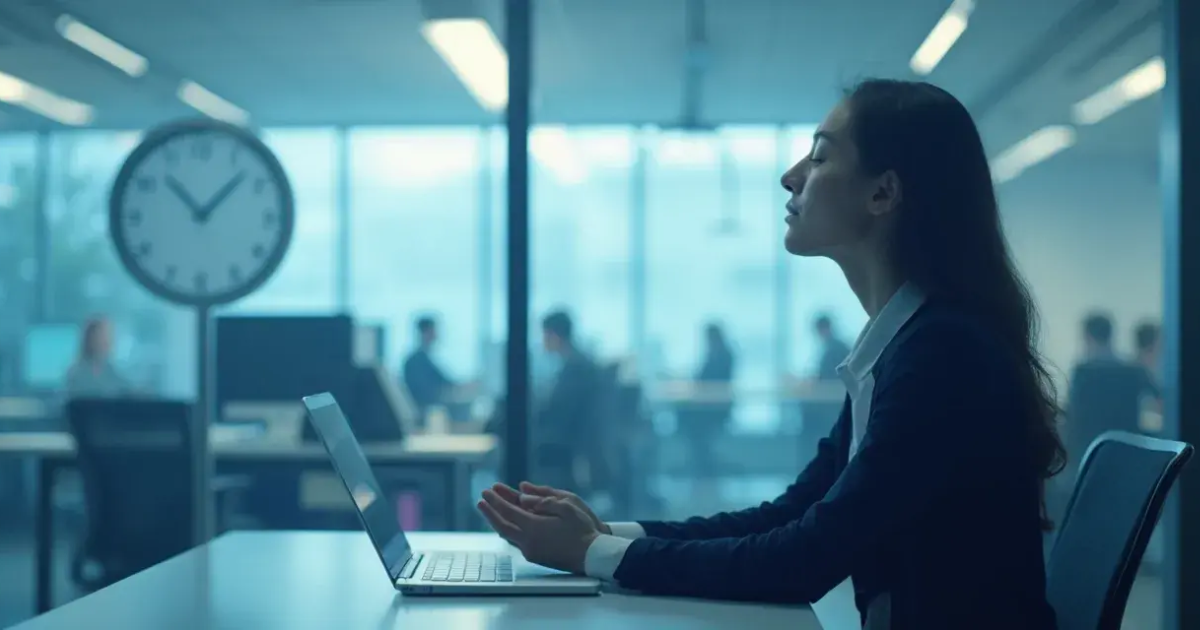 Professional woman pausing to breathe at her desk — nervous system reset for busy professionals